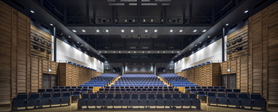 青い座席と自然素材が使われた壁が印象的な市民ホールの客席。