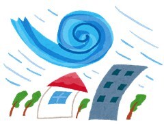 台風の風で家やビルが揺れているイラスト