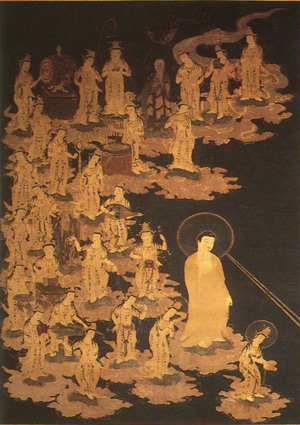 絹本著色聖衆来迎図。阿弥陀如来立像や観音菩薩、勢至菩薩、二十六菩薩が描かれている。
