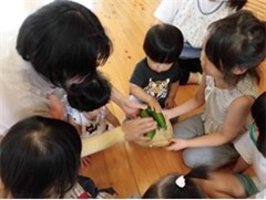 収穫した夏野菜を囲む子どもたちの画像